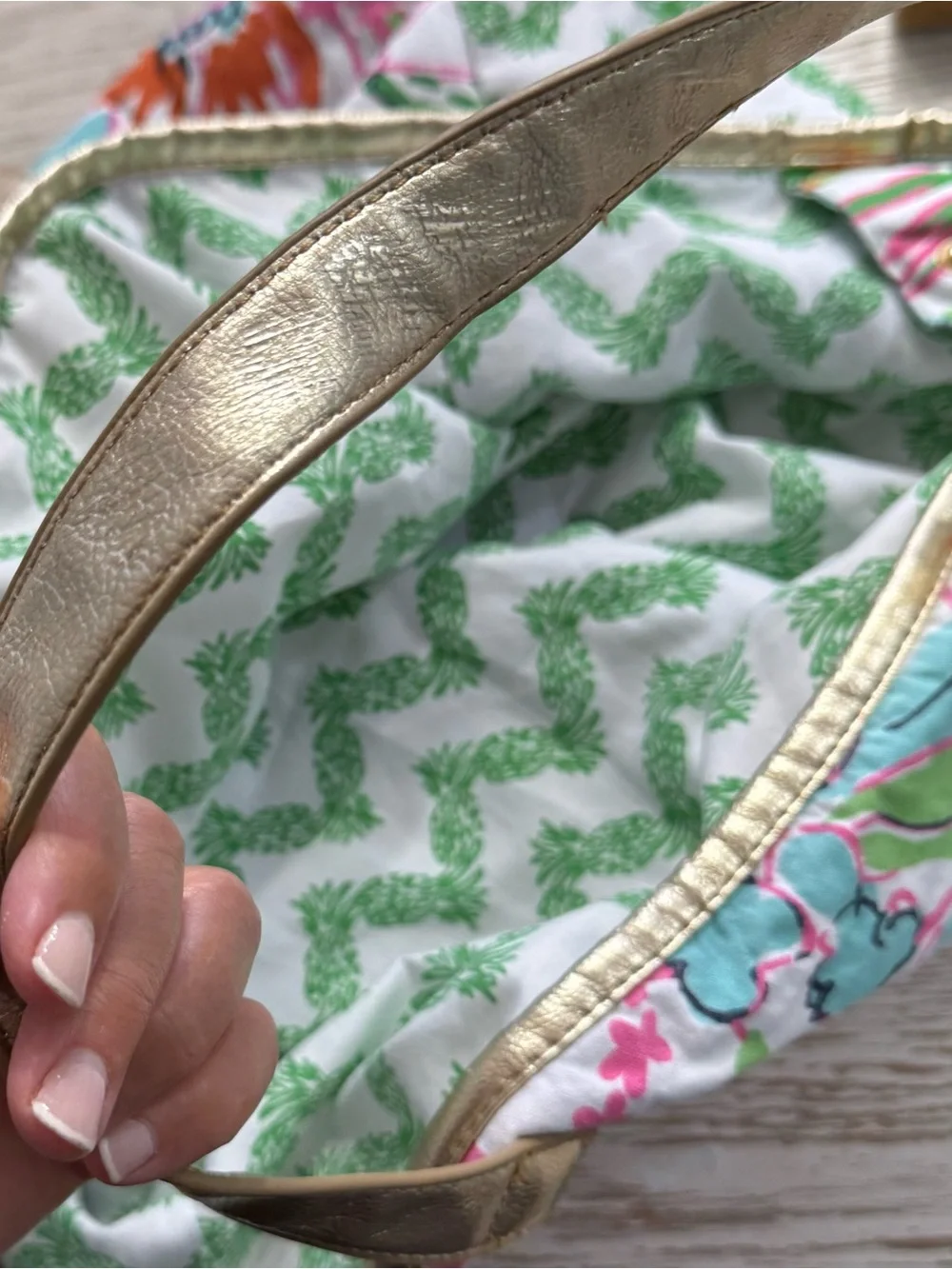 Lilly Pulitzer large Multicolor Floral & Green Chevron Tote Bag Gold Handles